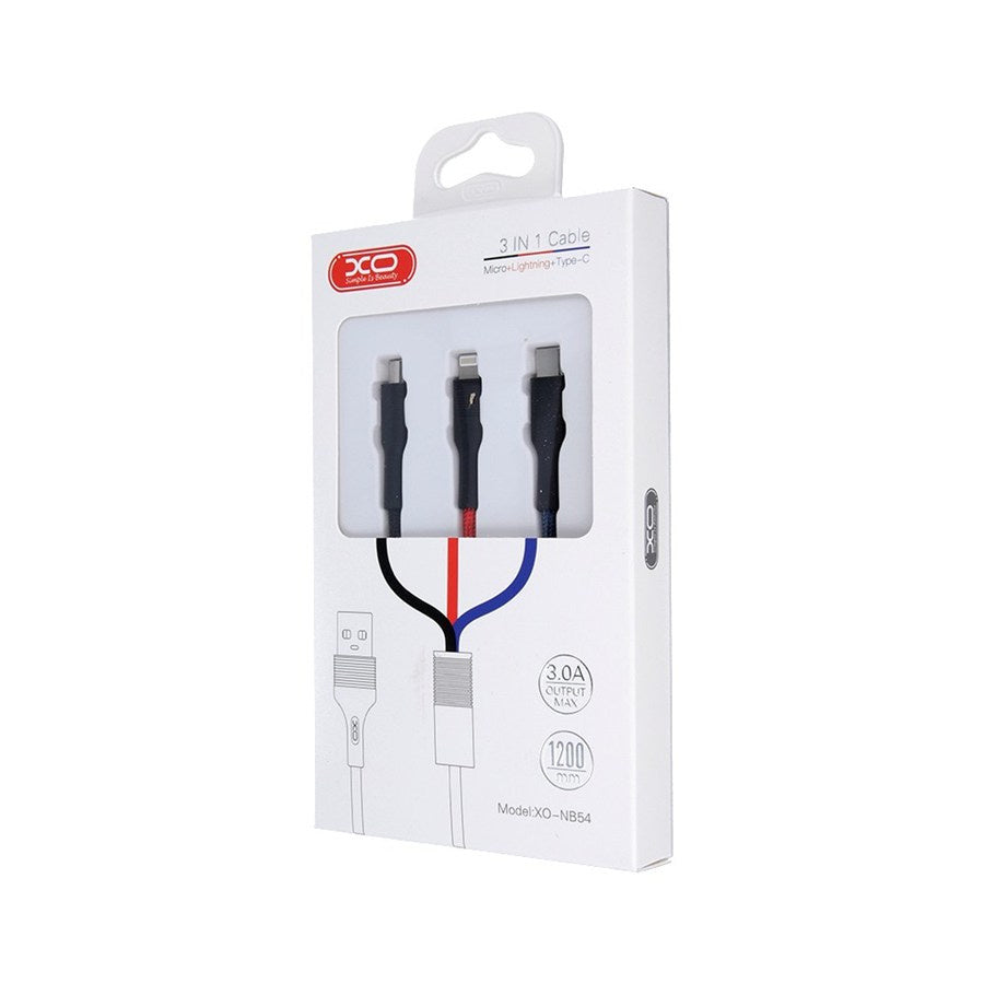 Kabl za punjenje USB-A - Lightning / microUSB / USB-C XO Design NB54, 18W, 1.2m, Šareni