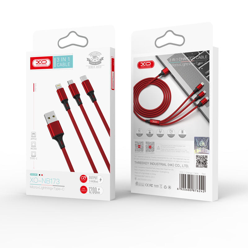Kabl za punjenje USB-A - Lightning / microUSB / USB-C XO Design NB173 3in1, 18W, 1.2m, Crveni