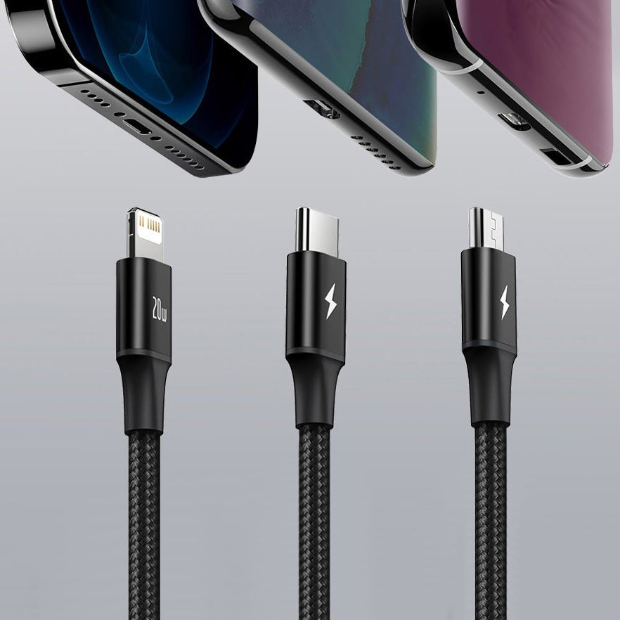 Kabl za punjenje USB-C - Lightning / microUSB / USB-C Baseus Rapid 3in1, 20W, 1.5m, Crni CAMLT-SC01