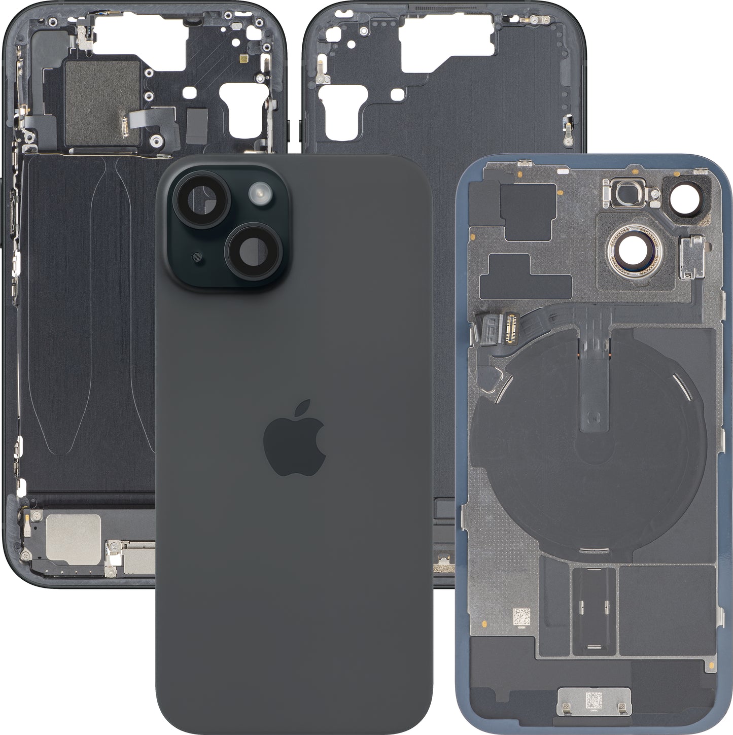 Kućište baterije Apple iPhone 15, sa srednjim delom kućišta, Komplet delova, Crno, Zamena