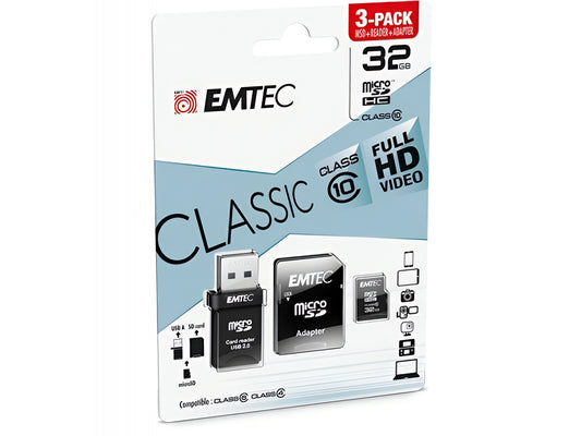 Memorijska kartica microSDHC Emtec C10 Classic, 32Gb, Klasa 10, Sa čitačem kartica i adapterom ECMSDM32GHC10CGRA2