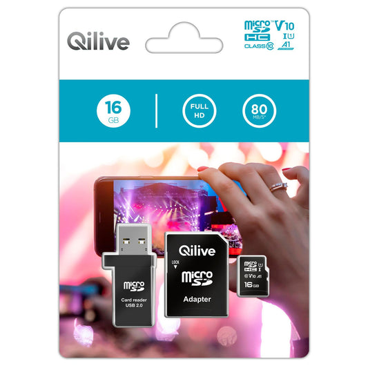 Memorijska kartica microSDHC Qilive, 16Gb, Klasa 10, Sa Čitačem Kartica i Adapterom EKMSDM16GHC10QL
