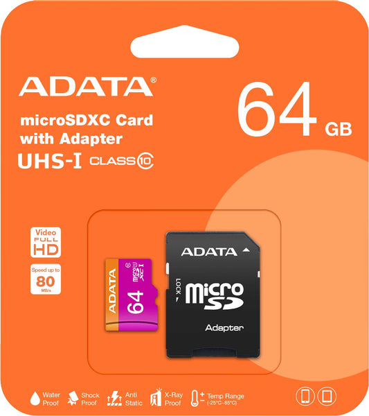Memorijska kartica microSDXC Adata, 64Gb, Klasa 10 / UHS-1 U1, Sa Adapterom AUSDX64GUICL10-RA1
