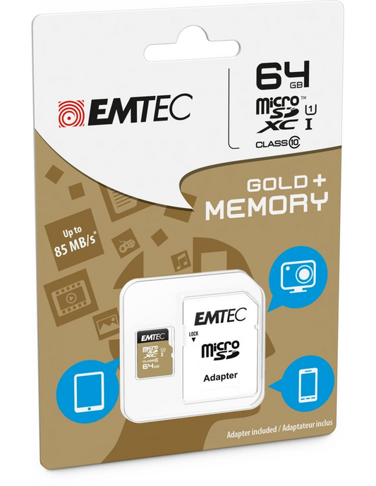 Memorijska kartica microSDXC Emtec Gold+, 64Gb, Klasa 10 / UHS-1 U1, Sa adapterom ECMSDM64GXC10GP