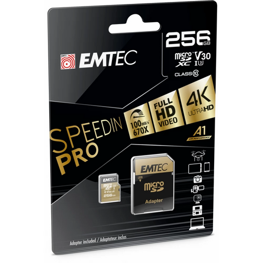 Memorijska kartica microSDXC Emtec Speedin Pro Android A1, 256Gb, Klasa 10 / UHS-1 U3, Sa adapterom ECMSDM256GXC10SP