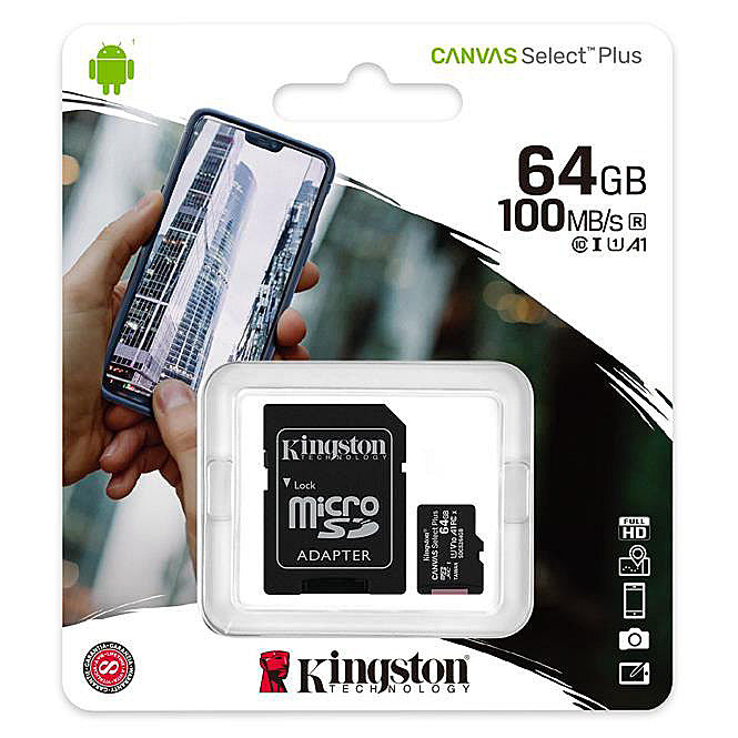 Memorijska kartica microSDXC Kingston Canvas Select Plus Android A1, 64Gb, Klasa 10 / UHS-1 U1, sa adapterom SDCS2/64GB