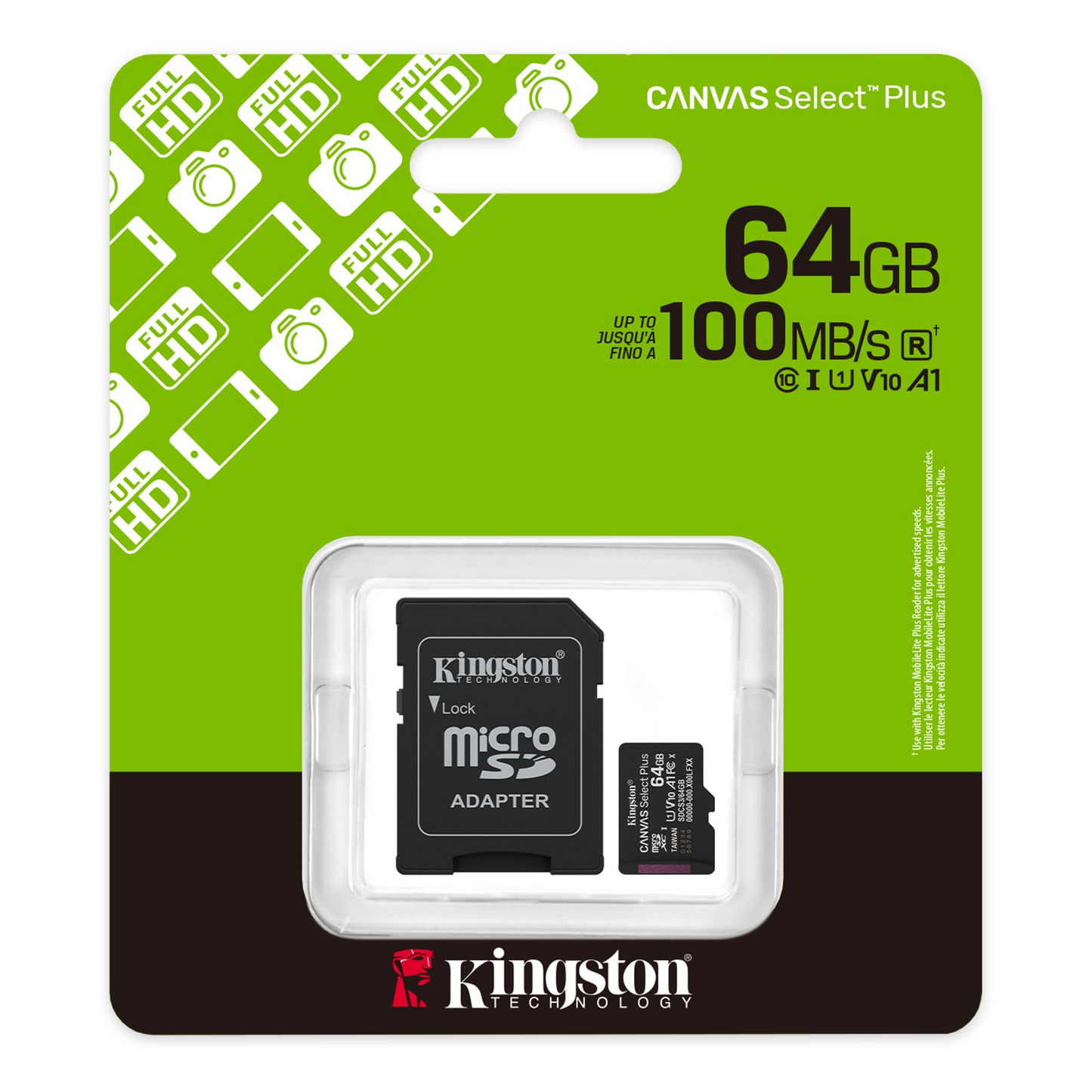 Memorijska kartica microSDXC Kingston Canvas Select Plus Android A1, 64Gb, Klasa 10 / UHS-1 U1, Sa adapterom SDCS3/64GB
