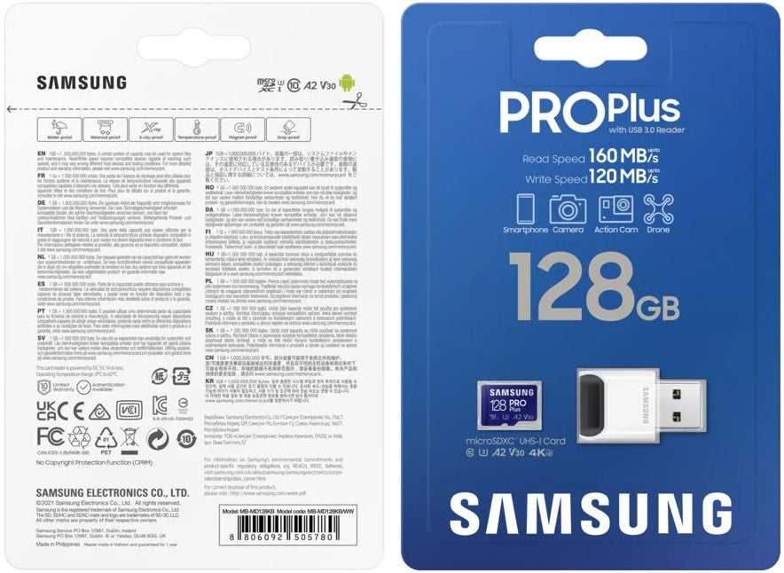 Memorijska kartica microSDXC Samsung PRO Plus, 128Gb, Klasa 10 / UHS-1 U3, Sa čitačem kartica i adapterom MB-MD128KB/WW