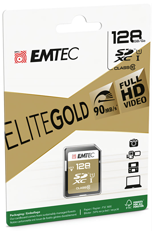 Card Memorie SDXC Emtec Elite Gold, 128Gb, Klasa 10 / UHS-1 U1 ECMSD128GXC10GP