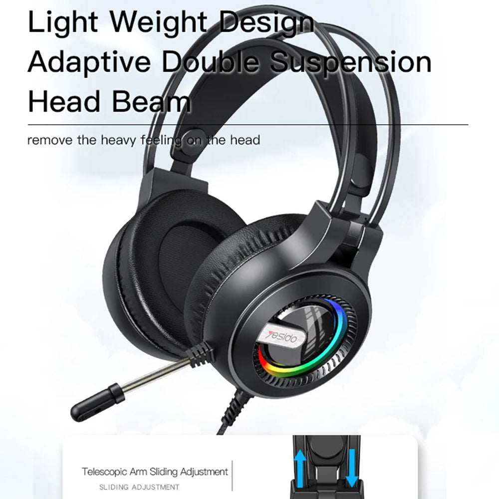 Slušalice za igranje 3.5mm Yesido EK02, RGB, 2.2m, Crne
