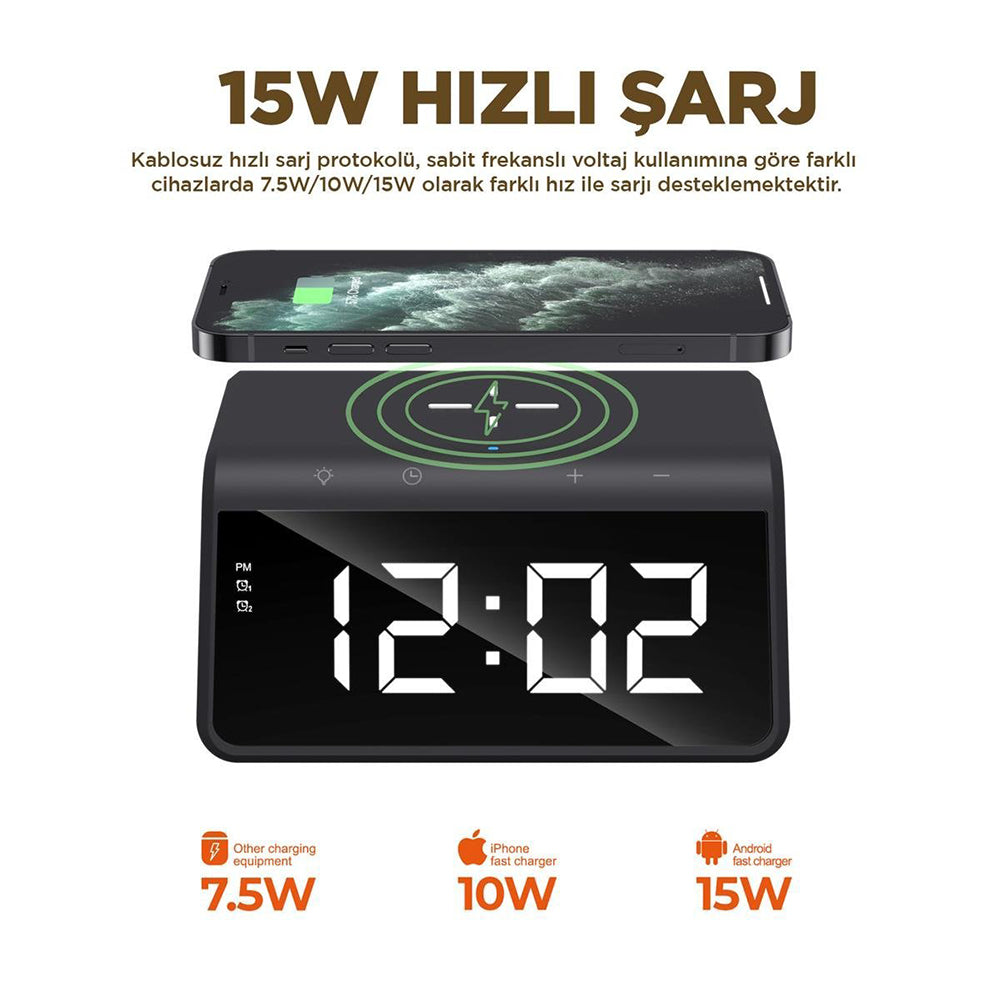 Digitalni sat HAVIT W320 sa bežičnim punjenjem QI, Crni