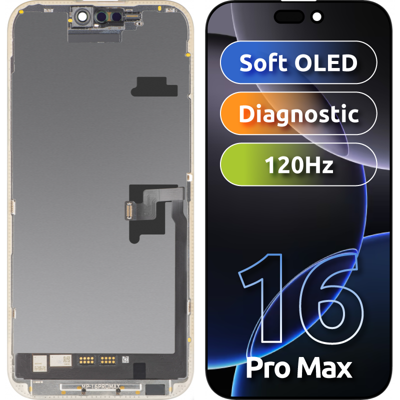 Ekran sa Touchscreen MP kompatibilan sa Apple iPhone 16 Pro Max, sa Ramom, Verzija Soft OLED FHD Dijagnostika, Crna
