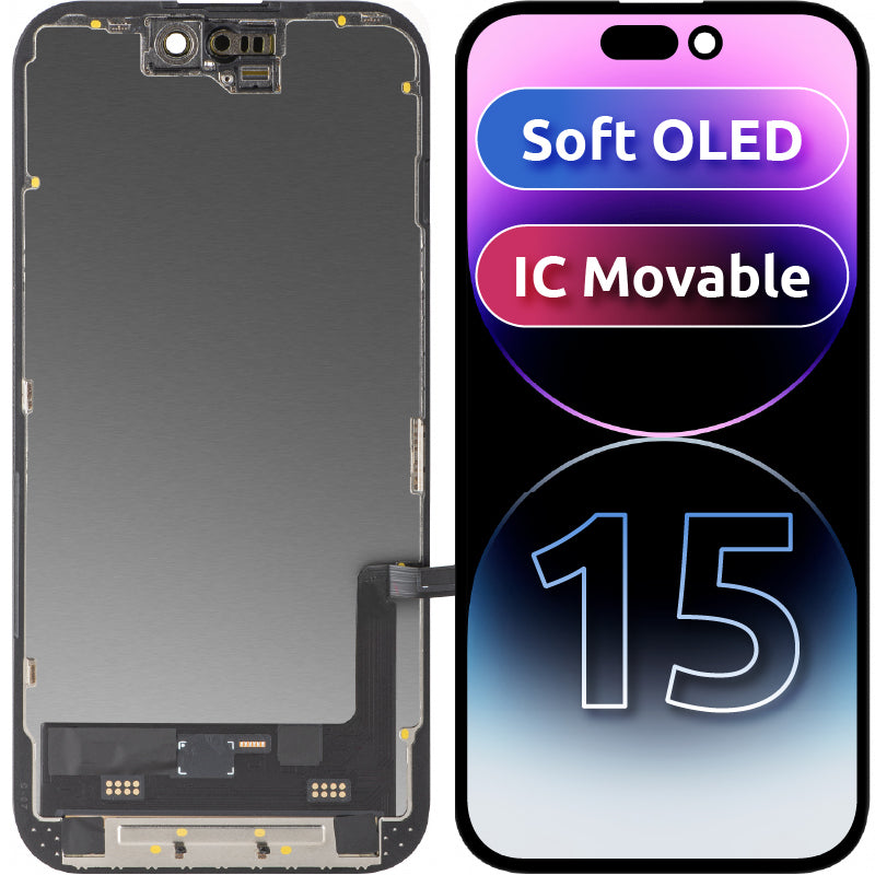 Display sa Touchscreen MP kompatibilan sa Apple iPhone 15, sa Ramom, Soft OLED FHD IC Movable verzija, Crni
