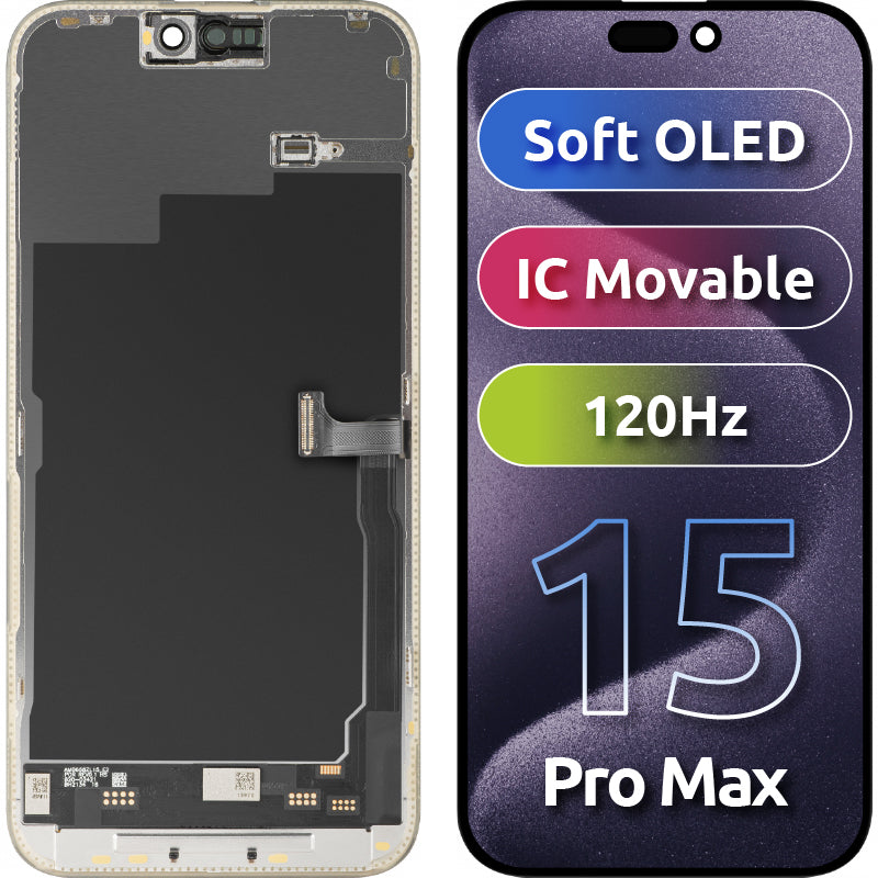 Display sa Touchscreen MP kompatibilan sa Apple iPhone 15 Pro Max, sa Ramom, Soft OLED FHD 120Hz IC Movable verzija, Crni
