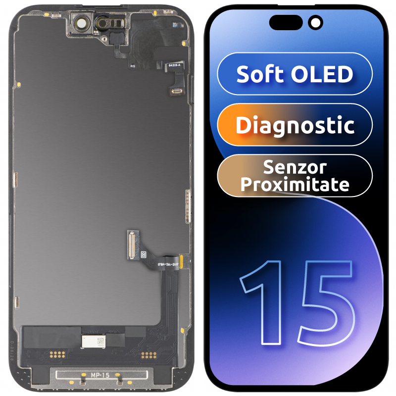 Ekran sa Touchscreen-om i Senzorom Blizine MP kompatibilan sa Apple iPhone 15, sa Ramom, Verzija Soft OLED FHD Dijagnostika, Crna