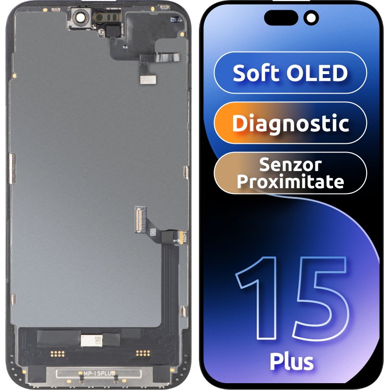 Ekran sa Touchscreen-om i Senzorom Blizine MP kompatibilan sa Apple iPhone 15 Plus, sa Ramom, Verzija Soft OLED FHD Dijagnostika, Crna