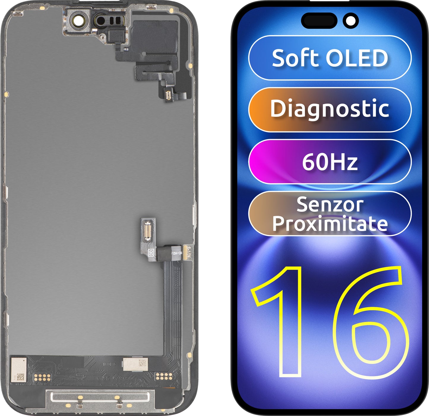 Ekran sa Touchscreen-om i Senzorom Blizine MP kompatibilan sa Apple iPhone 16, sa Ramom, Verzija Soft OLED FHD Dijagnostika, Crna