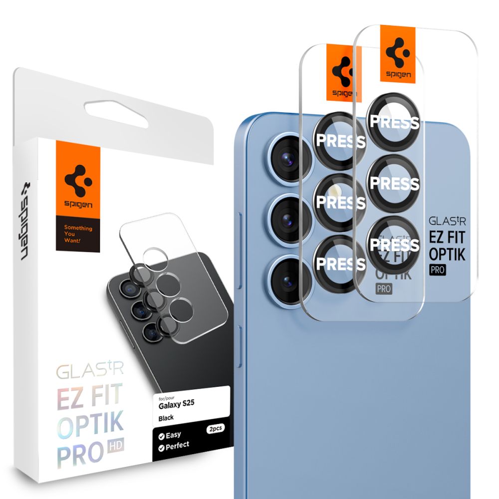 Folija za zaštitu zadnje kamere Spigen GlastR EZ FIT Optik Pro HD za Samsung Galaxy S25 S931, Kaljeno staklo, Set 2 komada, Crna AGL09092