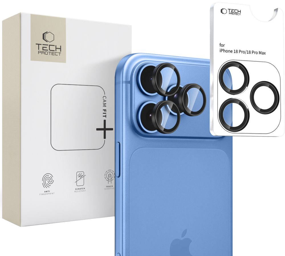 Zaštitna folija za zadnju kameru Tech-Protect CamRing Fit+ za Apple iPhone 18 Pro / 18 Pro Max, Kaljeno staklo, Crna
