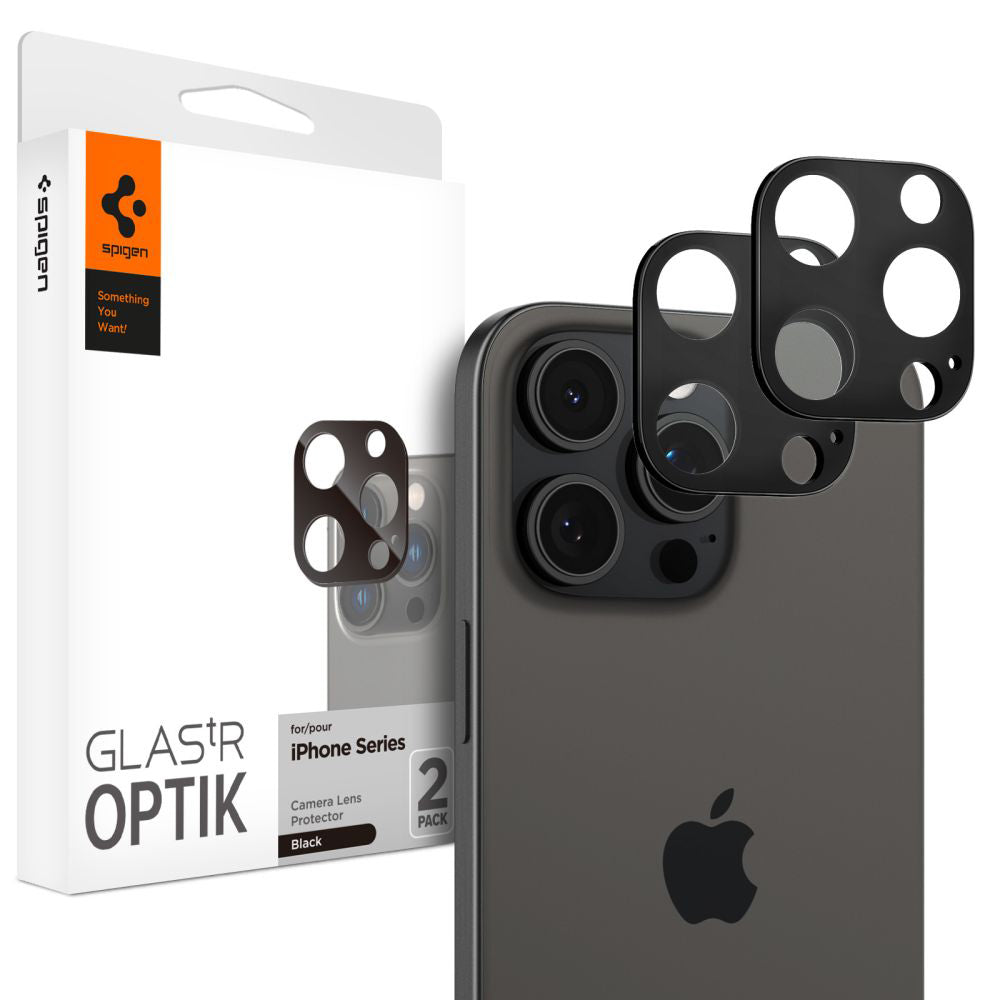 Folija za zaštitu zadnje kamere Spigen Optik za Apple iPhone 15 Pro Max / 15 Pro, Kaljeno staklo, Pun lepak, Set od 2 komada, Crna AGL05273