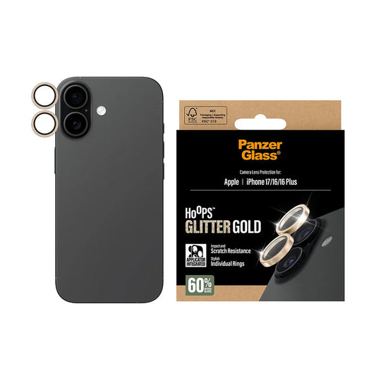 Zaštitna folija za zadnju kameru PanzerGlass Hoops Glitter za Apple iPhone 17 / 16 Plus / 16, Kaljeno staklo, Zlatna