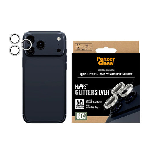 Folija za zaštitu zadnje kamere PanzerGlass Hoops Glitter za Apple iPhone 17 Pro Max / 17 Pro / 16 Pro Max / 16 Pro, Kaljeno staklo, Srebrna