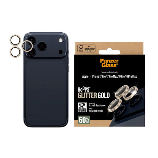 Zaštitna folija za zadnju kameru PanzerGlass Hoops Glitter za Apple iPhone 17 Pro Max / 17 Pro / 16 Pro Max / 16 Pro, Kaljeno staklo, Zlatna