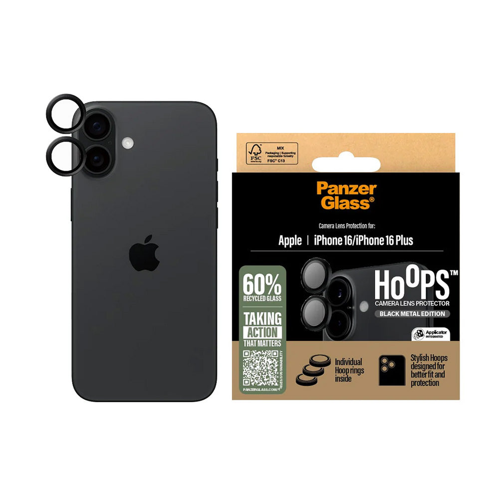 Folija za zaštitu zadnje kamere PanzerGlass Hoops za Apple iPhone 16 Plus / 16, Kaljeno staklo, Crna