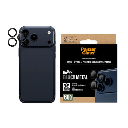 Zaštitna folija za zadnju kameru PanzerGlass Hoops za Apple iPhone 17 Pro Max / 17 Pro / 16 Pro Max / 16 Pro, Kaljeno staklo, Crna