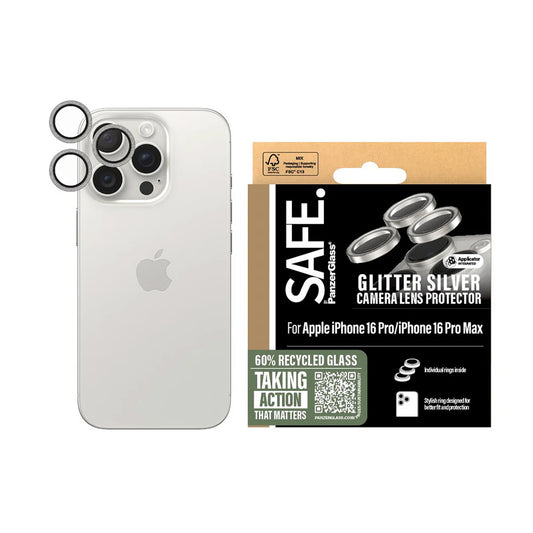 Folija za zaštitu zadnje kamere PanzerGlass Safe. Gliter za Apple iPhone 16 Pro Max / 16 Pro, Kaljeno staklo, Srebrna
