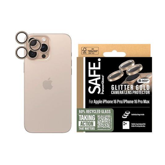 Folija za zaštitu zadnje kamere PanzerGlass Safe. Gliter za Apple iPhone 16 Pro Max / 16 Pro, Kaljeno staklo, Zlatna