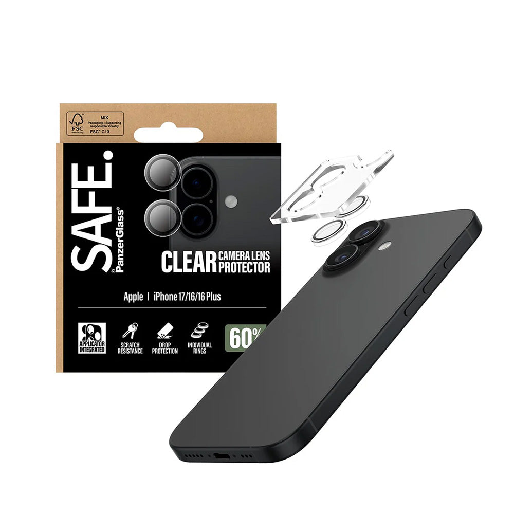 Folija za zaštitu zadnje kamere PanzerGlass Safe. za Apple iPhone 17 / 16 Plus / 16, Kaljeno staklo, Providno