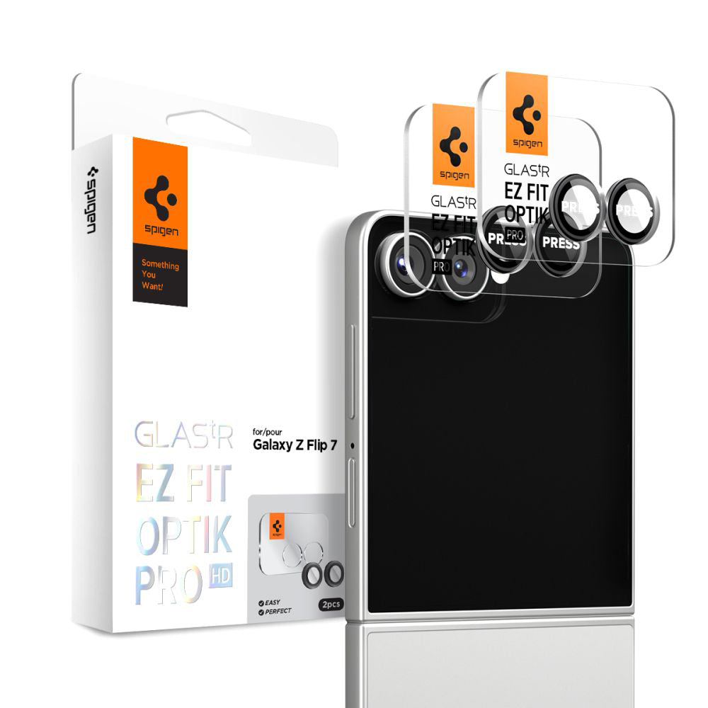 Folija za zaštitu zadnje kamere Spigen GlastR EZ FIT Optik Pro HD za Samsung Galaxy Z Flip7 F766, Kaljeno staklo, Set od 2 komada, Crna AGL09587