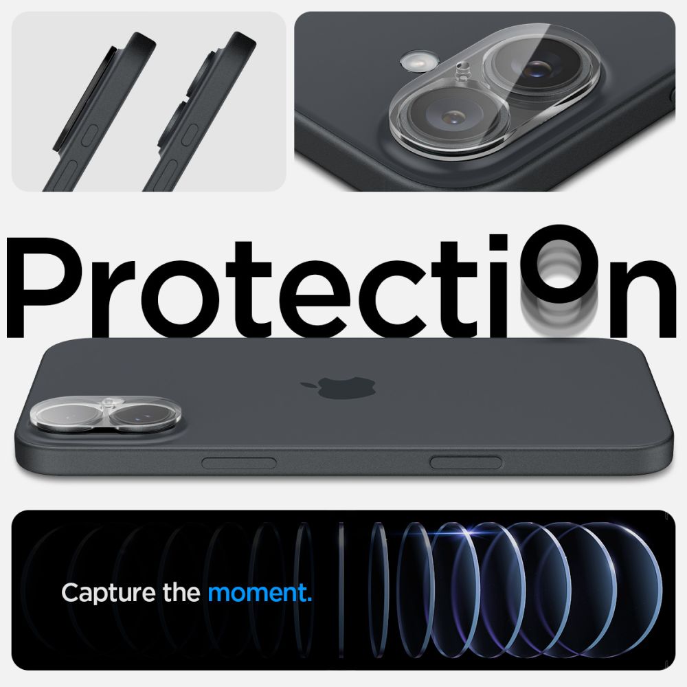 Zaštitna folija za zadnju kameru Spigen GlastR Optik za Apple iPhone 16 Plus / 16, Kaljeno staklo, Set od 2 komada, Providna AGL07923