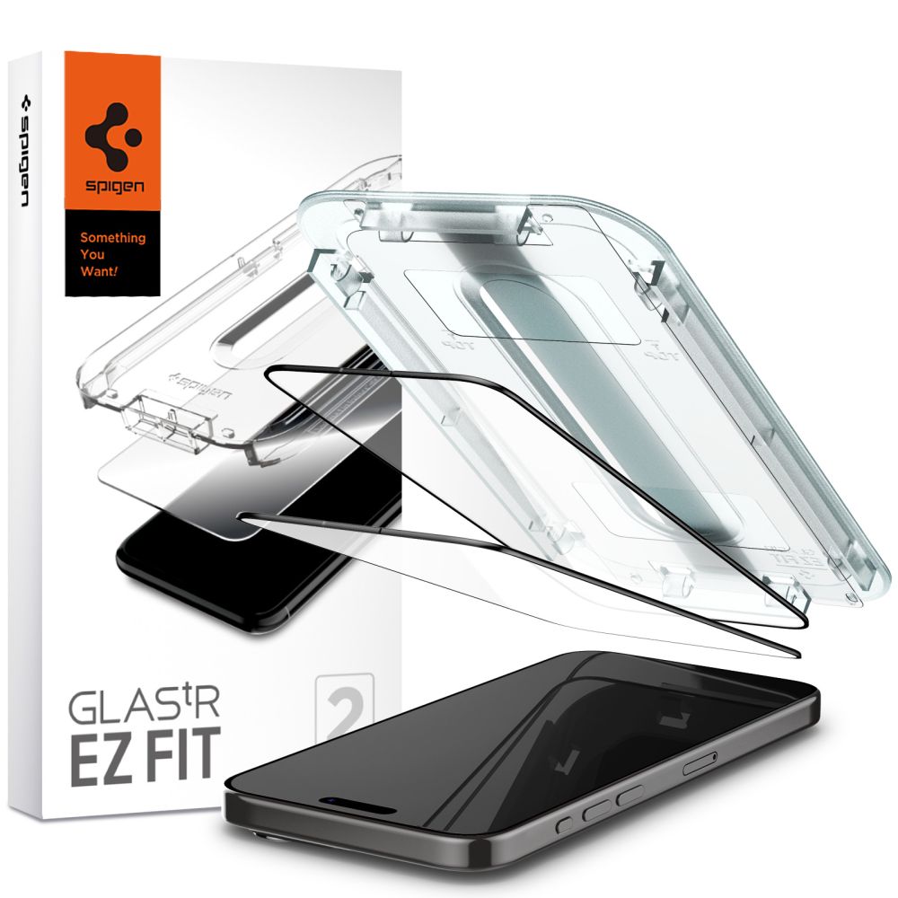 Zaštitna folija za ekran Spigen GlastR EZ FIT za Apple iPhone 15 Pro, Kaljeno staklo, Full Glue, Set 2 komada, Crna AGL06893