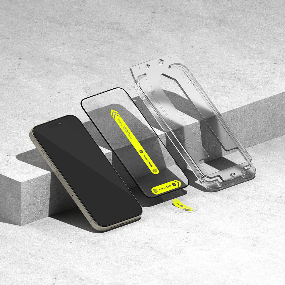 Folija za zaštitu ekrana Ringke Easy Slide za Apple iPhone 15 Pro, Kaljeno staklo, Pun lepak, Set od 2 komada, Crna