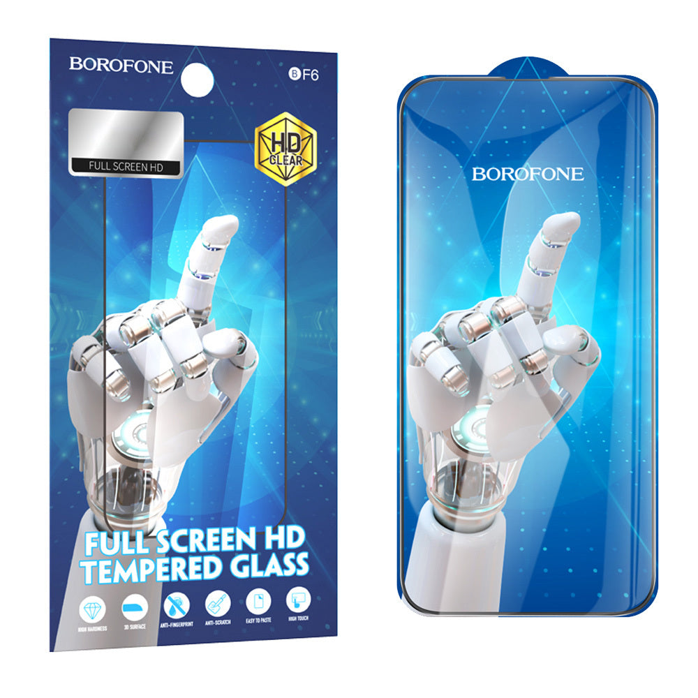 Folija za zaštitu ekrana Borofone BF6 Diamond Armor za Apple iPhone 15 Pro, Kaljeno staklo, Pun lepak, Set od 10 komada, Crna