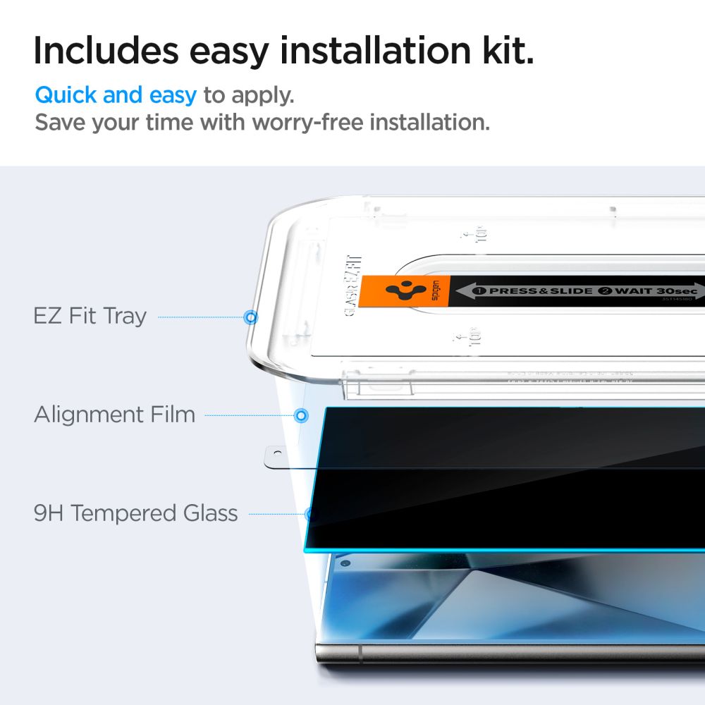 Folija za zaštitu ekrana Privacy Spigen EZ FIT za Samsung Galaxy S24 Ultra S928, Kaljeno staklo, Pun lepak, Set od 2 komada