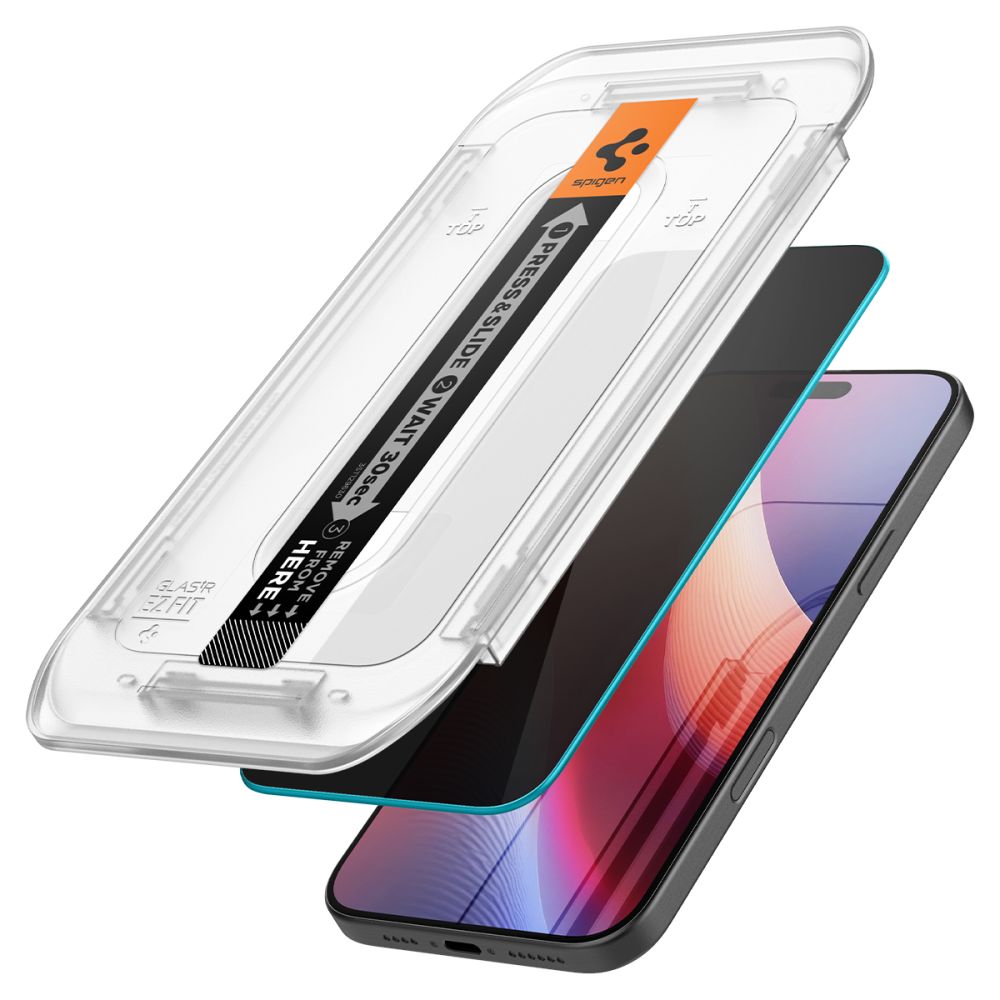 Zaštitna folija za ekran Privacy Spigen GlastR EZ FIT za Apple iPhone 17 Pro / 17 / 16 Pro, Kaljeno staklo, Full Glue, Set 2 komada AGL07929