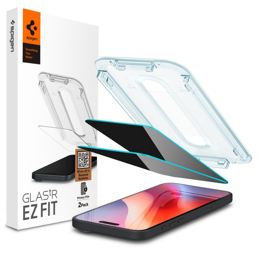 Zaštitna folija za ekran Privacy Spigen GlastR EZ FIT za Apple iPhone 17 Pro / 17 / 16 Pro, Kaljeno staklo, Full Glue, Set 2 komada AGL07929