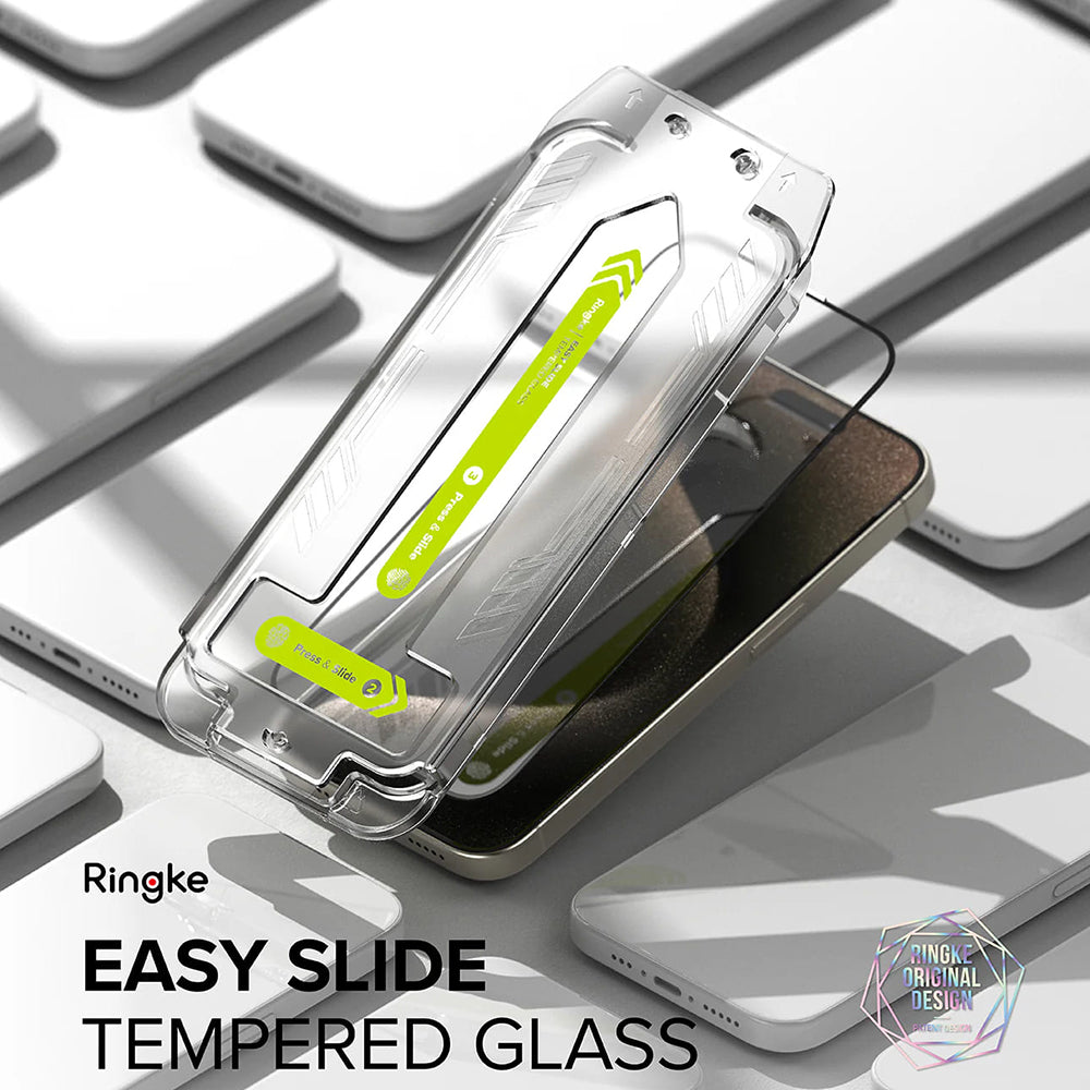 Folija za zaštitu ekrana Ringke Easy Slide za Apple iPhone 16 Pro, Kaljeno staklo, Pun lepak, Set od 2 komada, Crna