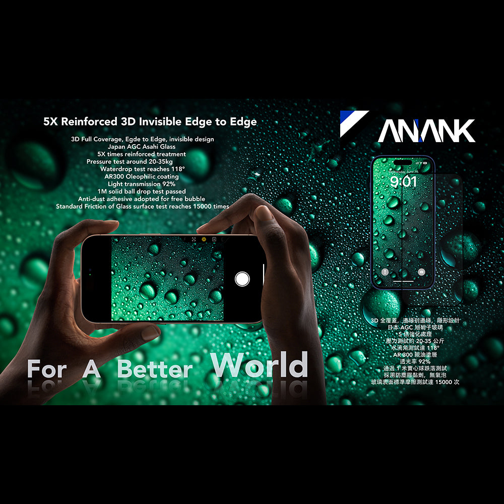 Folija za zaštitu ekrana Anank 5X pojačana nevidljiva za Apple iPhone 17 Pro, Kaljeno staklo, Full Glue, 3D, Crna