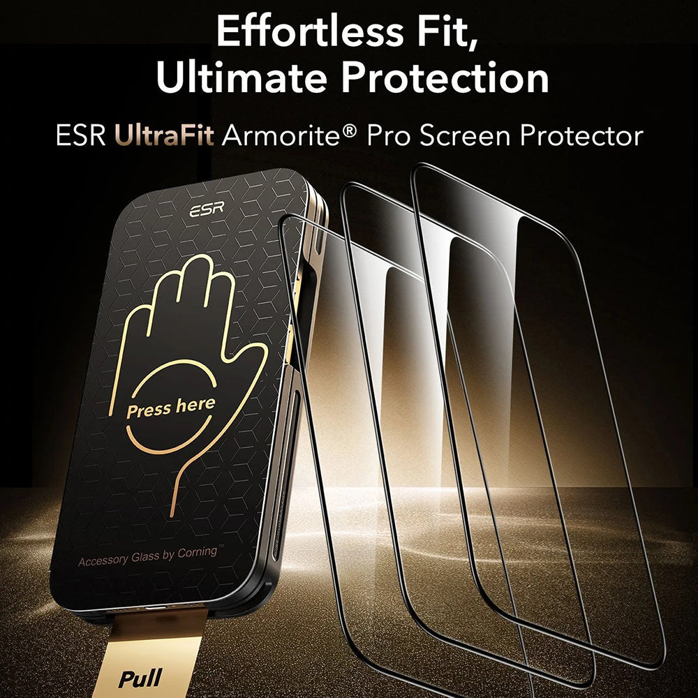Zaštitna folija za ekran ESR Corning UltraFit za Apple iPhone 17 Pro, Kaljeno staklo, Full Glue, Set od 3 komada, Crna