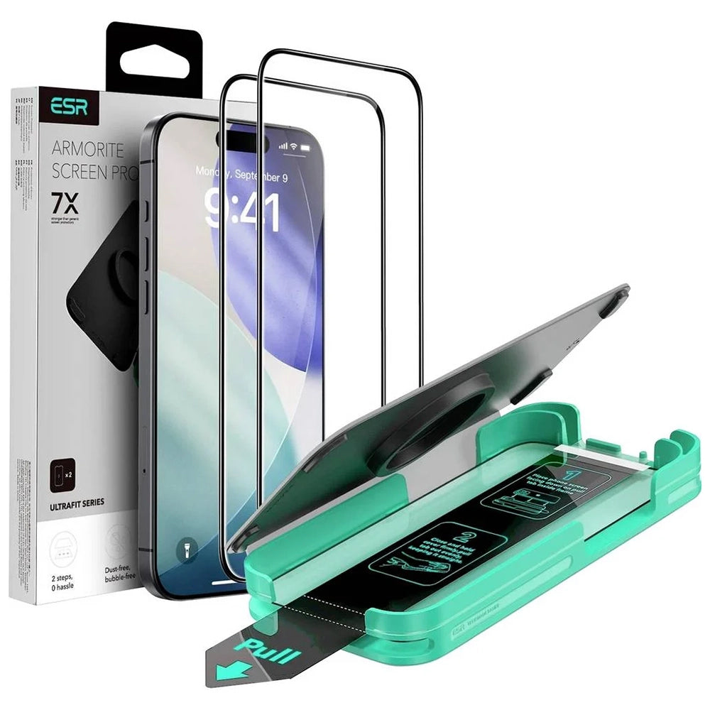 Folija za zaštitu ekrana ESR Armorite UltraFit za Apple iPhone 17 Pro, Kaljeno staklo, Full Glue, Set 2 komada, Crna