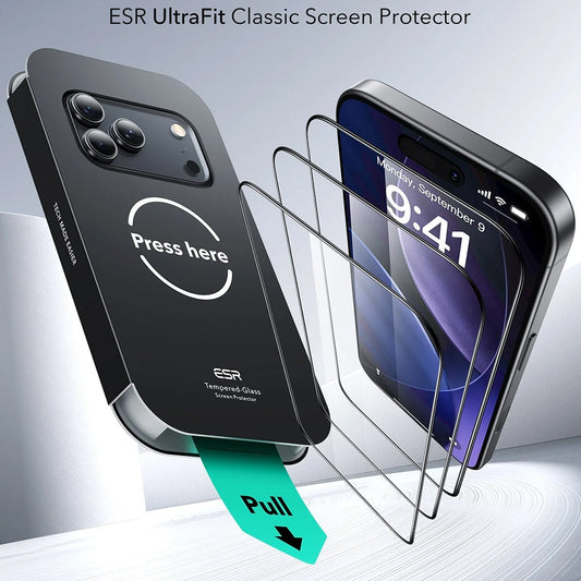 Zaštitna folija ESR UltraFit za ekran Apple iPhone 17 Pro, Kaljeno staklo, Full Glue, Set od 3 komada.
