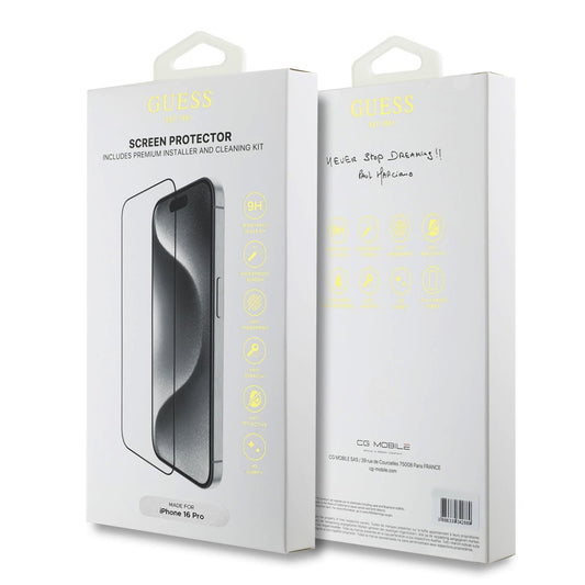 Folija za zaštitu ekrana Guess Classic Outline za Apple iPhone 16, Kaljeno staklo, Full Glue, 2.5D, Crna GUTGP16SBOKGCIT