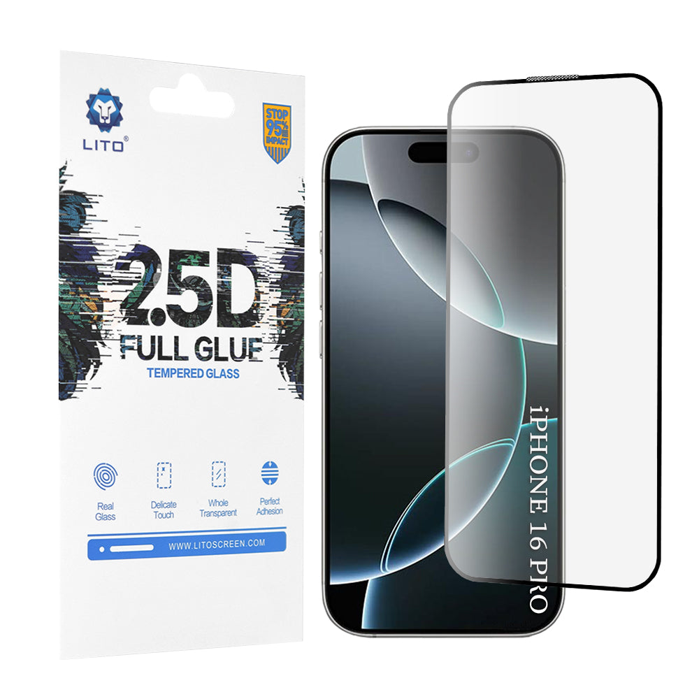 Zaštitna folija za ekran Lito za Apple iPhone 17 / 16 Pro, Kaljeno staklo, Full Glue, 2.5D, Crna
