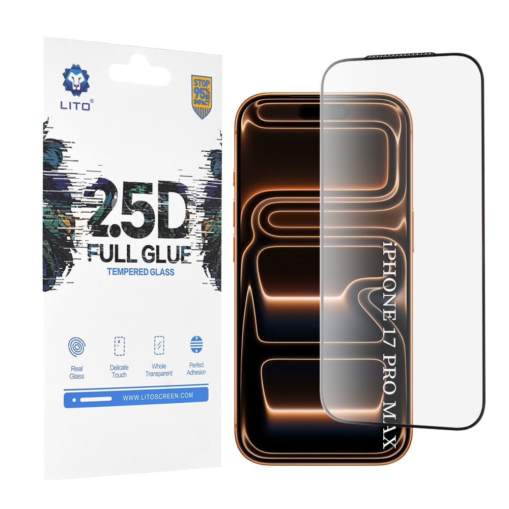 Zaštitna folija za ekran Lito za Apple iPhone 17 Pro Max, Kaljeno staklo, Full Glue, 2.5D, Crna