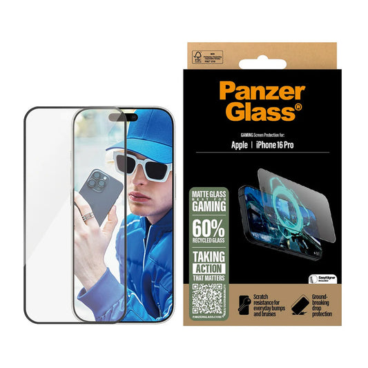 Folija za zaštitu ekrana Matte PanzerGlass Ultra-Wide Fit Gaming za Apple iPhone 16 Pro, Kaljeno staklo, Full Glue, Crna