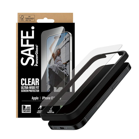 Folija za zaštitu ekrana PanzerGlass Safe. Ultra-Wide Fit EasyAligner za Apple iPhone 17 / 16 Pro, Kaljeno staklo, Full Glue.